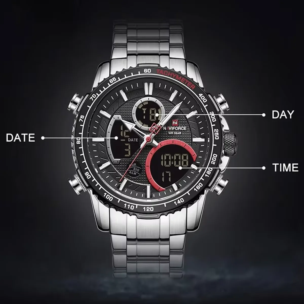 Men stainless steel chronograph quartz wrist watch luminous calendar