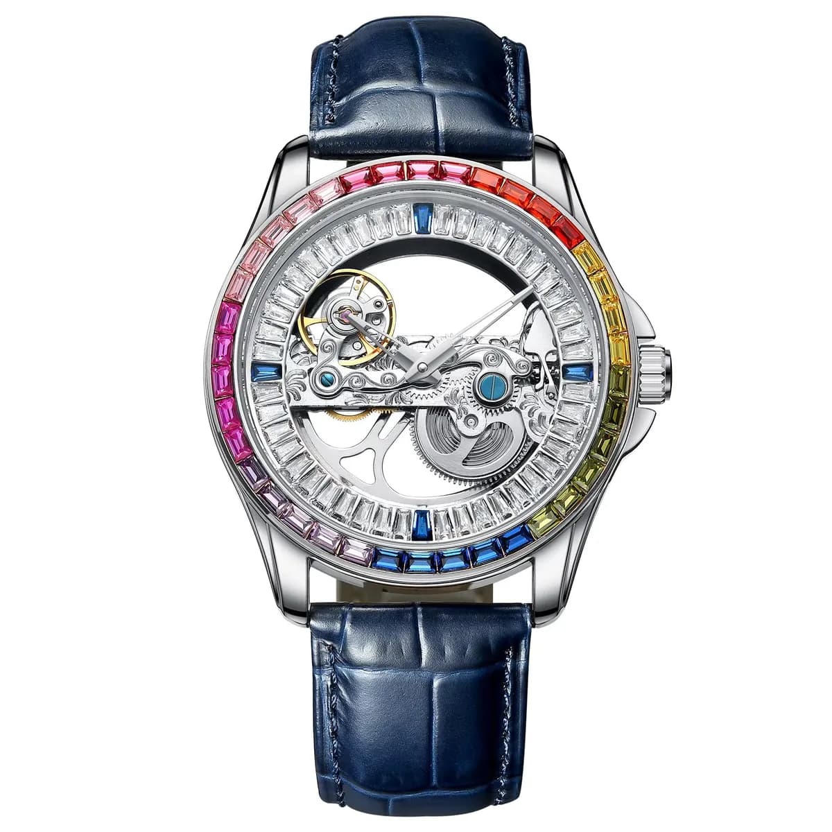 New skeleton automatic watch with colorful crystals leather strap, detail picture