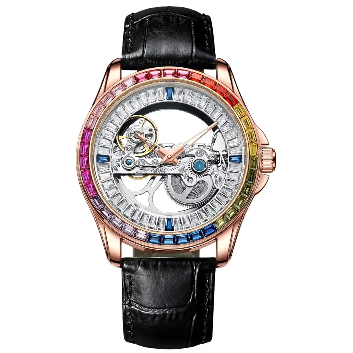 New skeleton automatic watch with colorful crystals leather strap