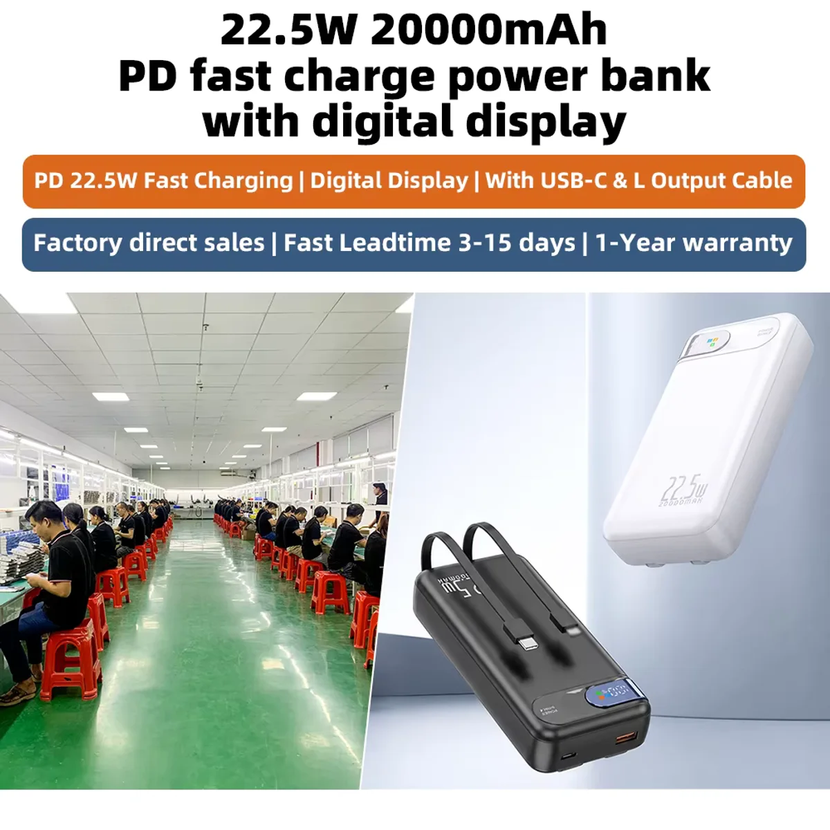 PD 22.5W charge power bank 20000mAh fast charging built