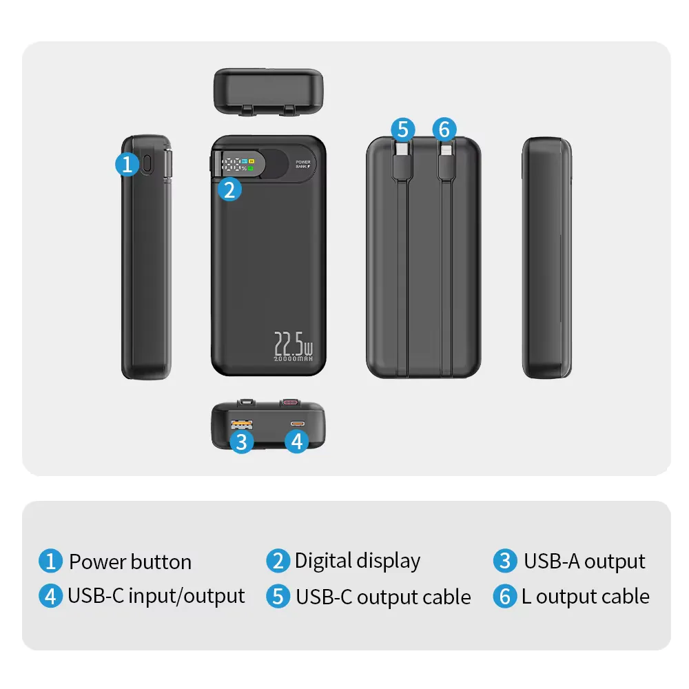 PD 22.5W charge power bank 20000mAh fast charging built, detail picture