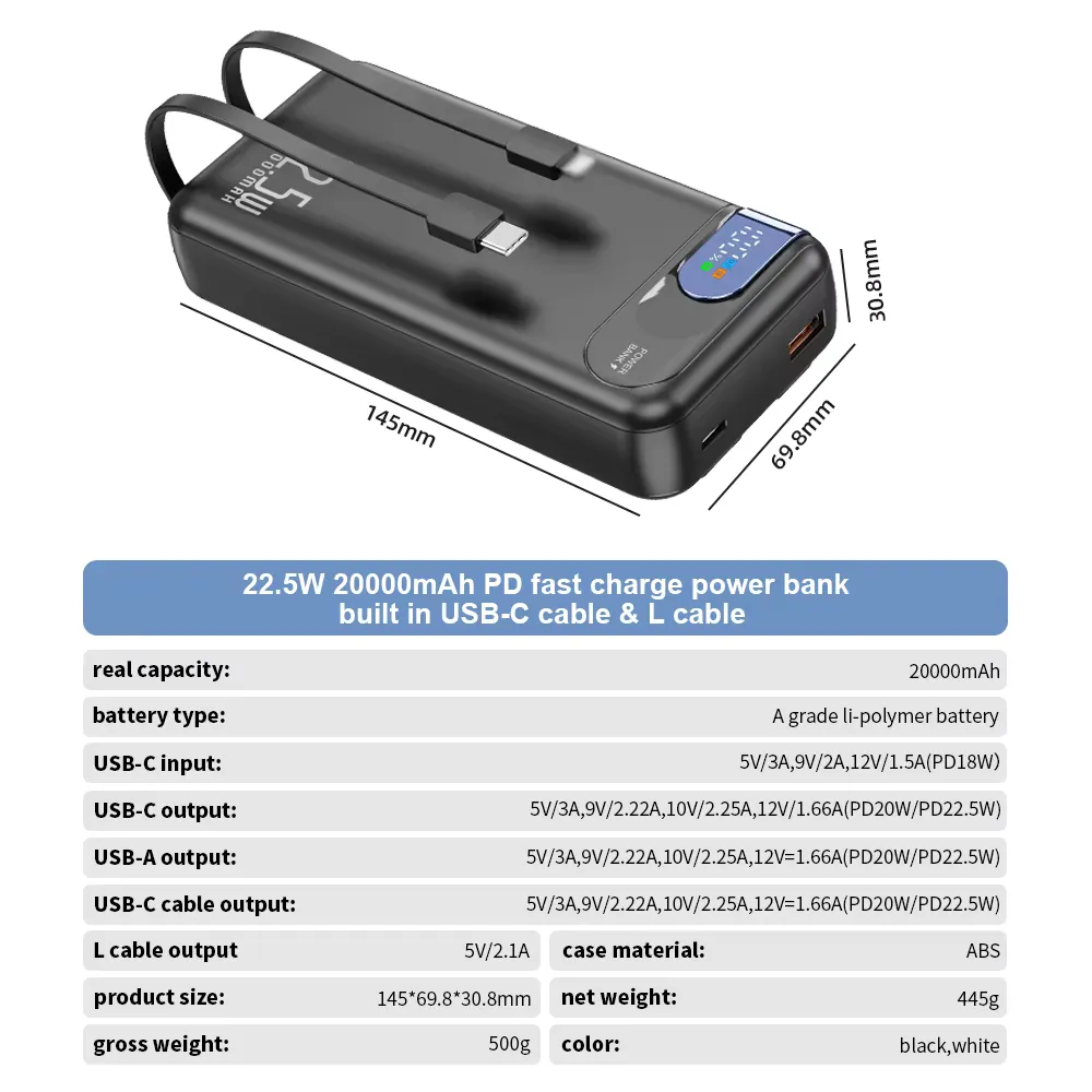 PD 22.5W charge power bank 20000mAh fast charging built, detail picture