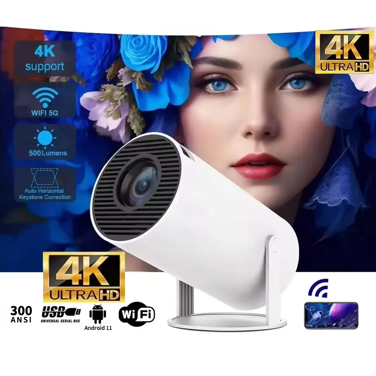 JUNUO HY300 pro mini projector Android 11 smart BT WiFi 160 lumens