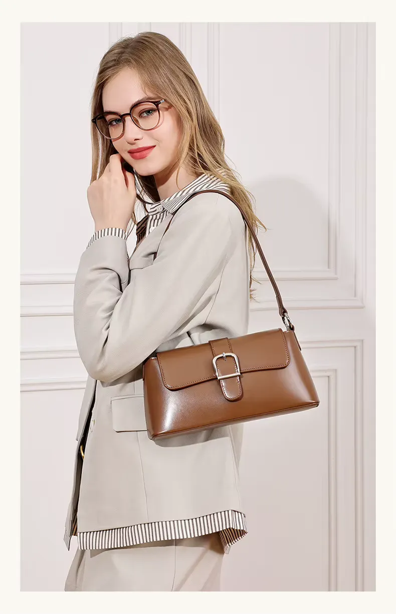 Women underarm shoulder bag style genuine leather sleek flap handbag, detail picture