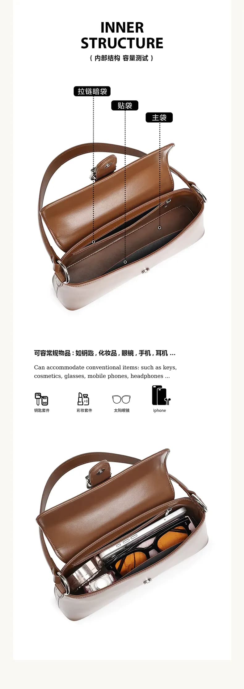 Women underarm shoulder bag style genuine leather sleek flap handbag, detail picture