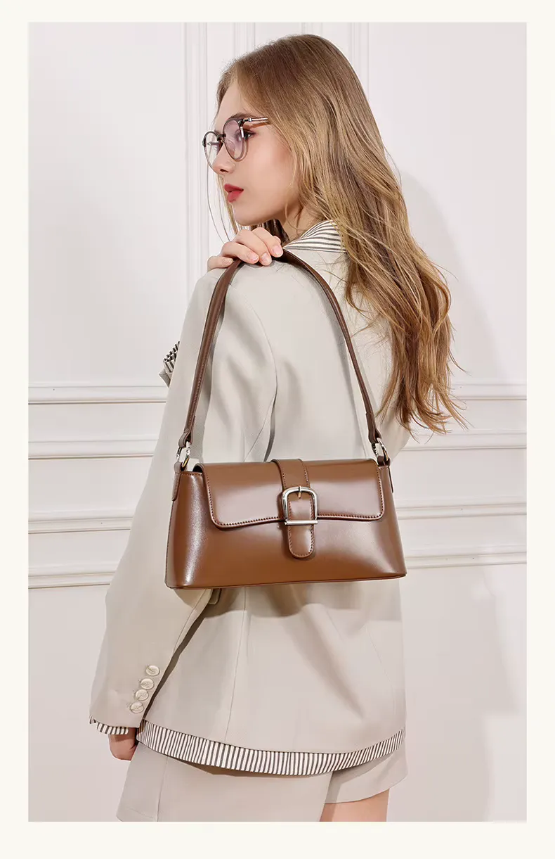 Women underarm shoulder bag style genuine leather sleek flap handbag, detail picture