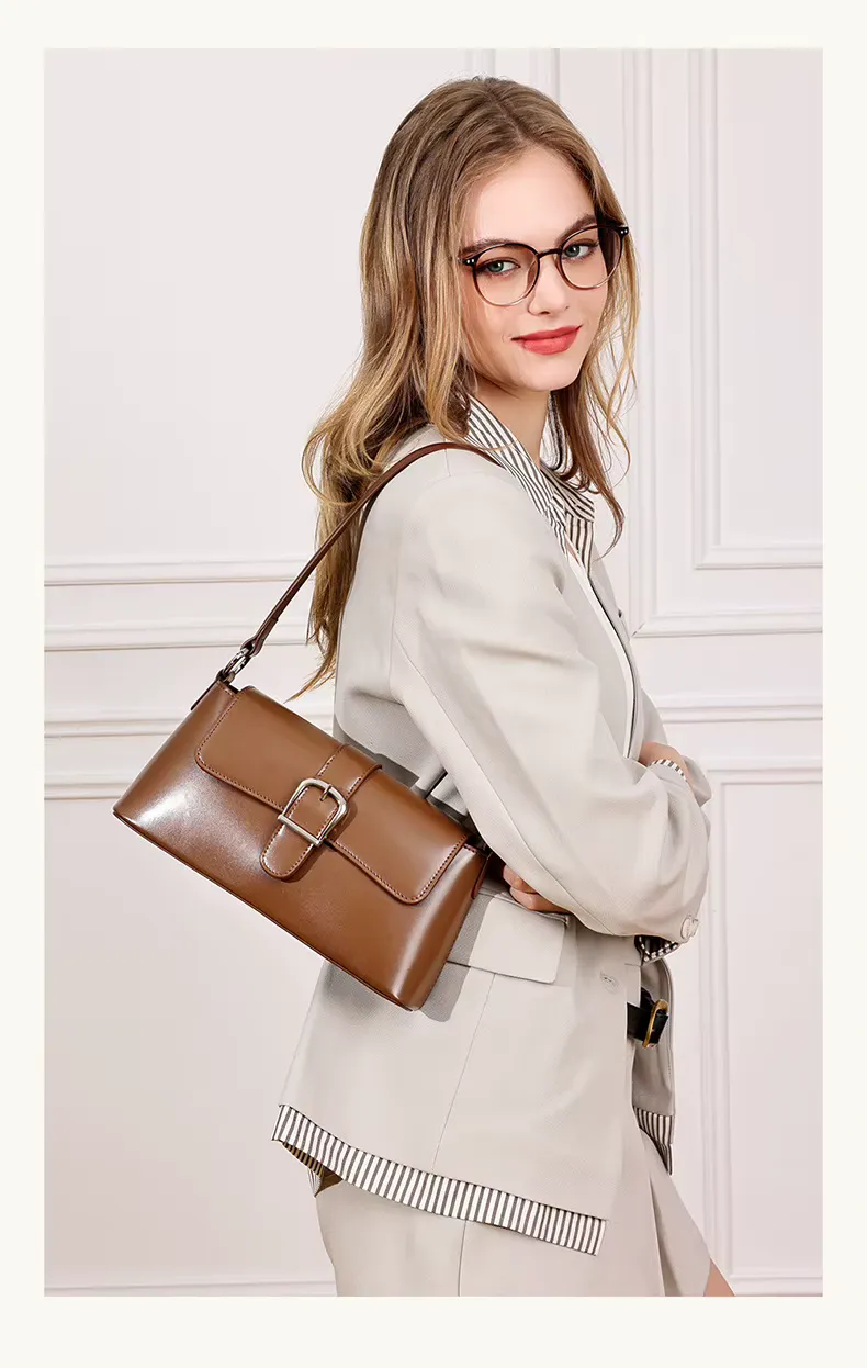 Women underarm shoulder bag style genuine leather sleek flap handbag, detail picture