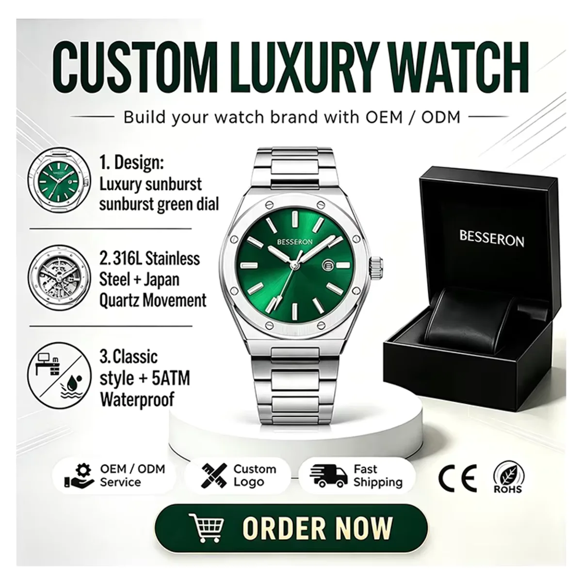 New men's quartz watch 42mm stainless steel sapphire glass classic