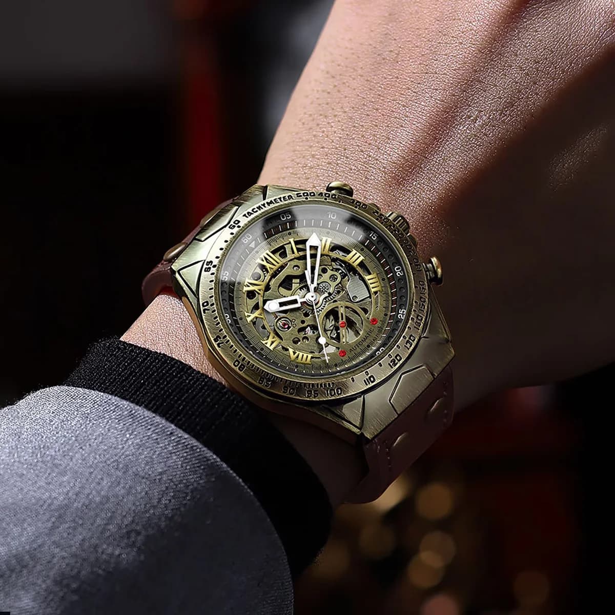 Men's automatic skeleton watch vintage leather strap mechanical watch