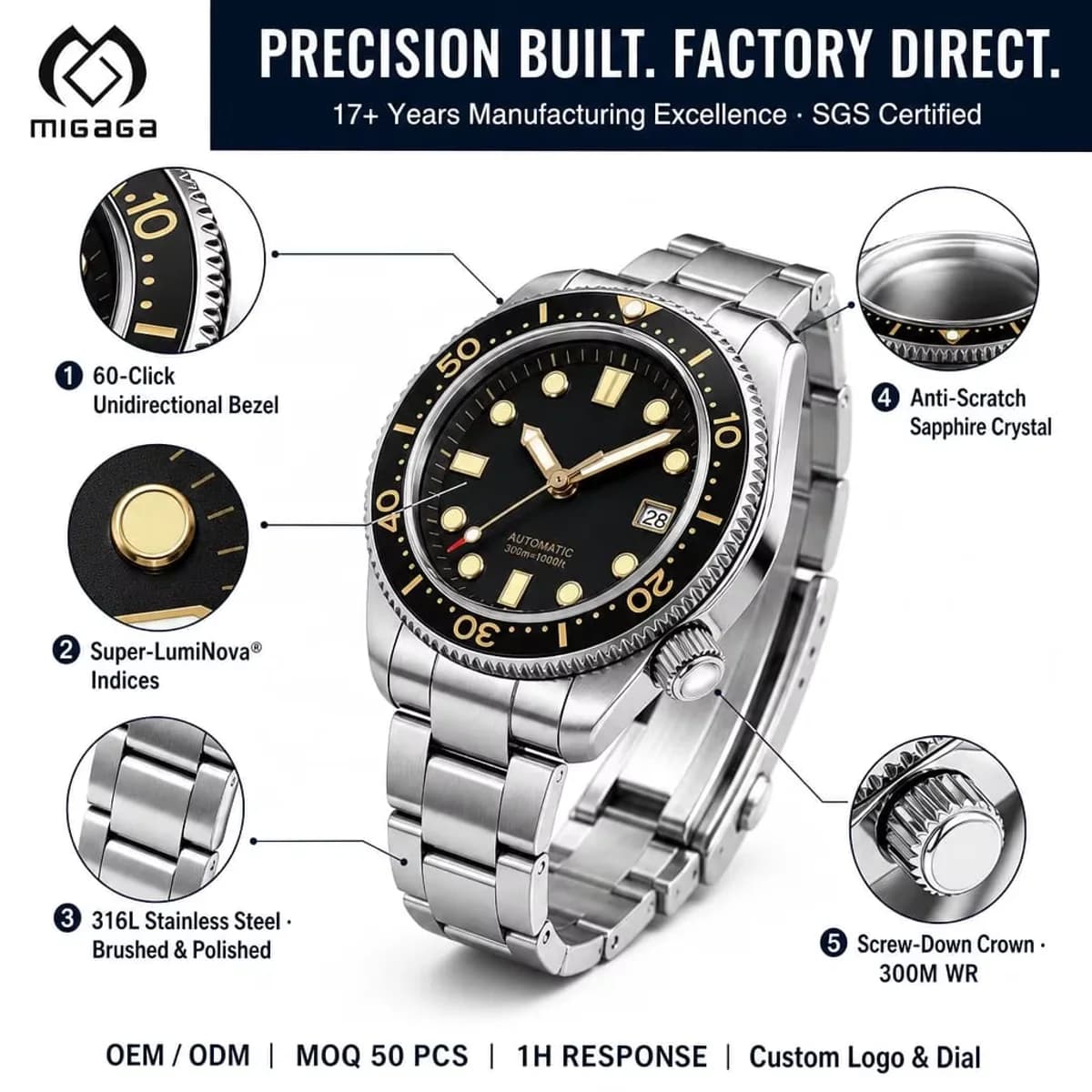 Retro diver mechanical watch 44mm automatic wristwatch 300m