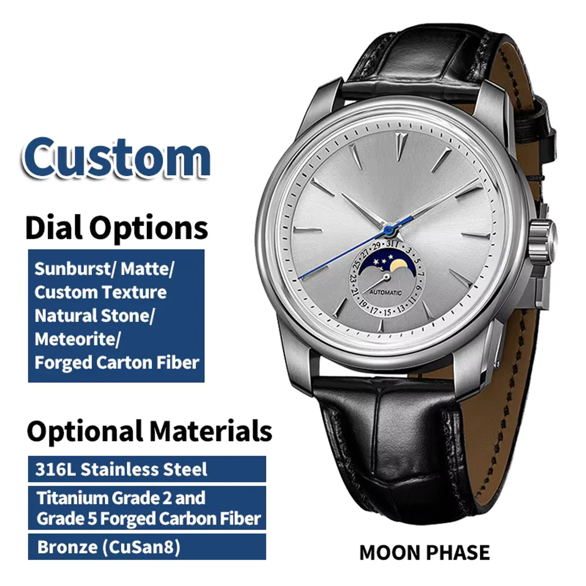 Manufacturer custom watch with logo branding moon phase mechanical