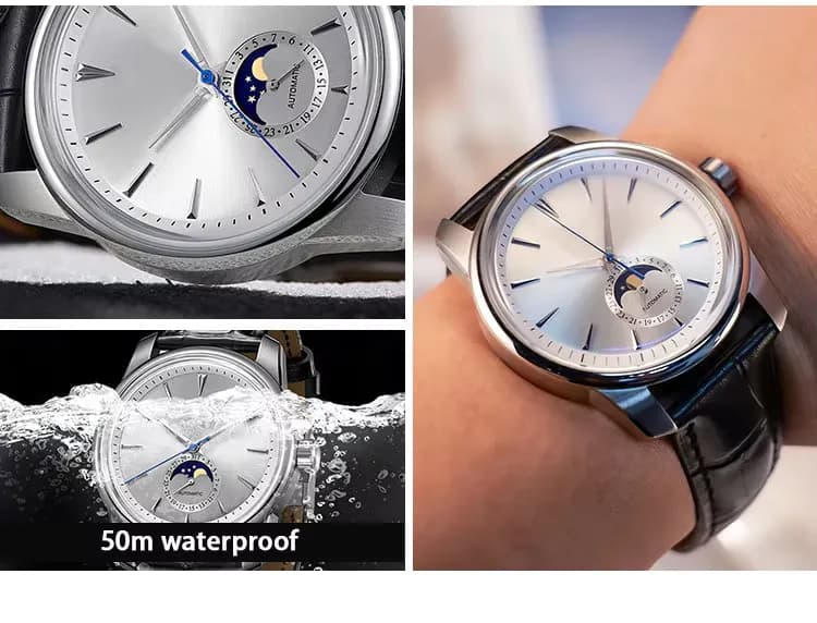 Manufacturer custom watch with logo branding moon phase mechanical, detail picture