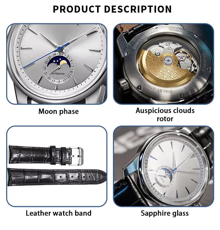 Manufacturer custom watch with logo branding moon phase mechanical, detail picture