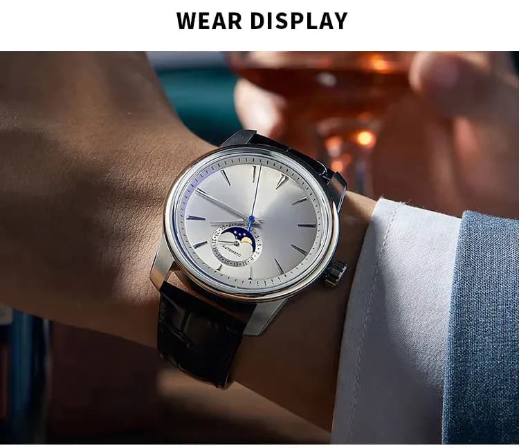 Manufacturer custom watch with logo branding moon phase mechanical, detail picture