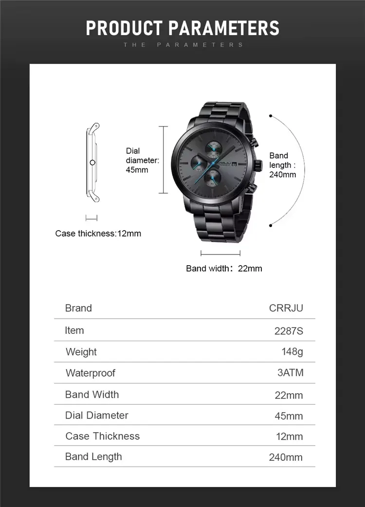 Men's timing watch with stainless steel strap and quartz watch, detail picture