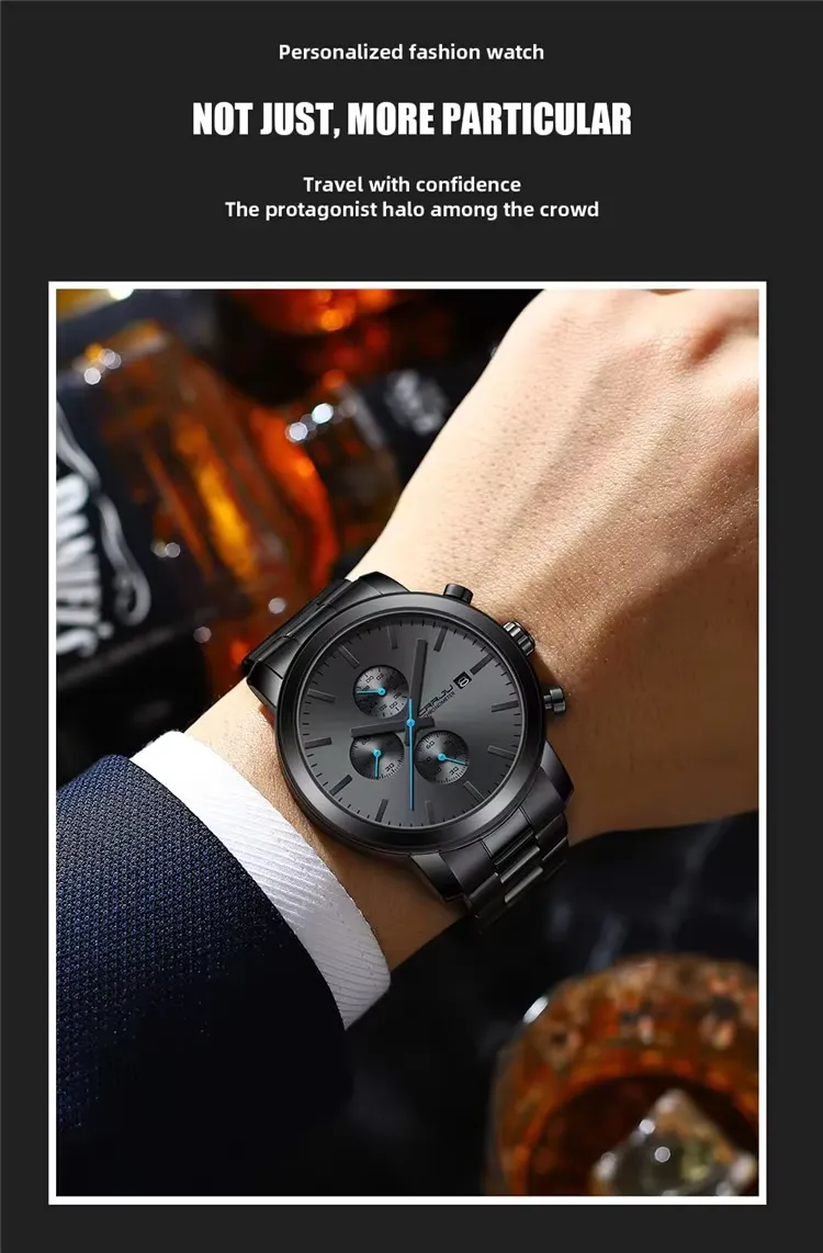 Men's timing watch with stainless steel strap and quartz watch, detail picture