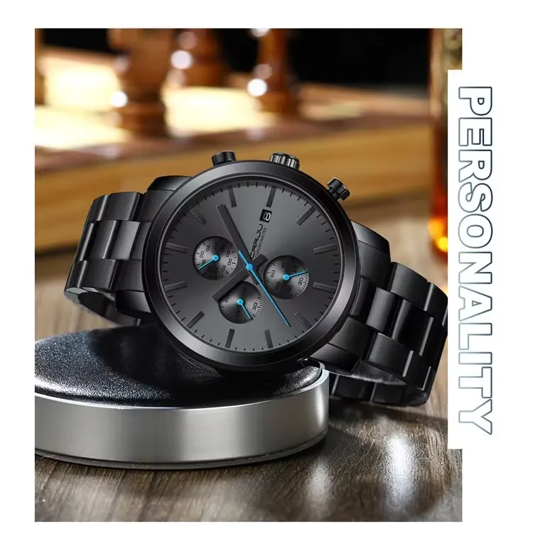 Men's timing watch with stainless steel strap and quartz watch, detail picture