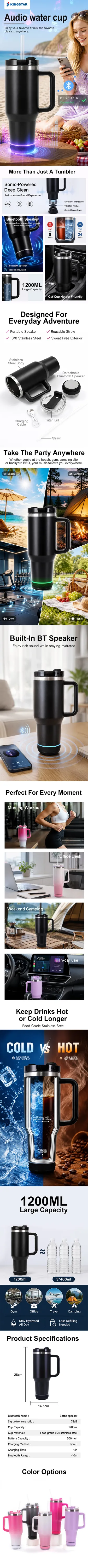 40oz Bluetooth water bottle speaker tumbler, detail picture