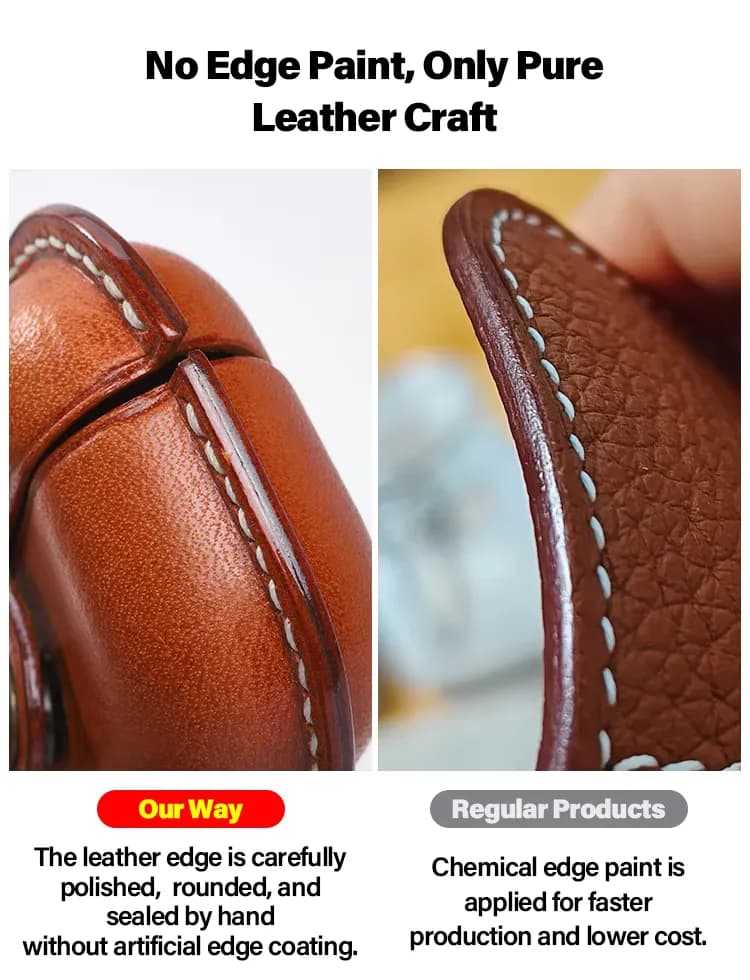 Handmade leather bag shape earphone case with snap button, detail picture
