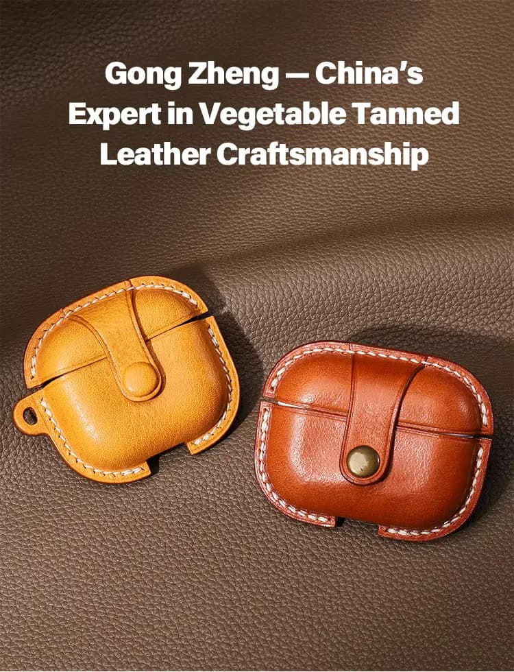 Handmade leather bag shape earphone case with snap button, detail picture