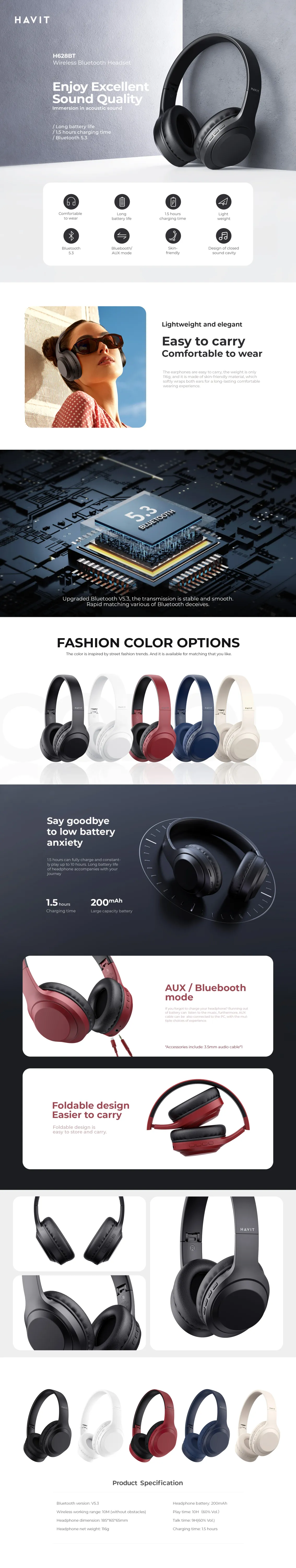 Havit H628BT wireless headphone stereo foldable headset earphone over, detail picture