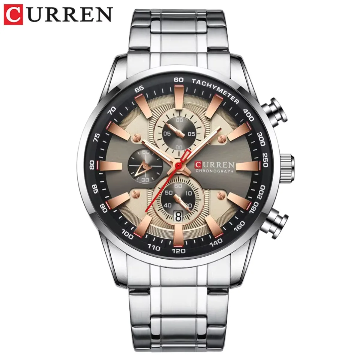 's alloy case quartz movement chronograph stainless steel band date