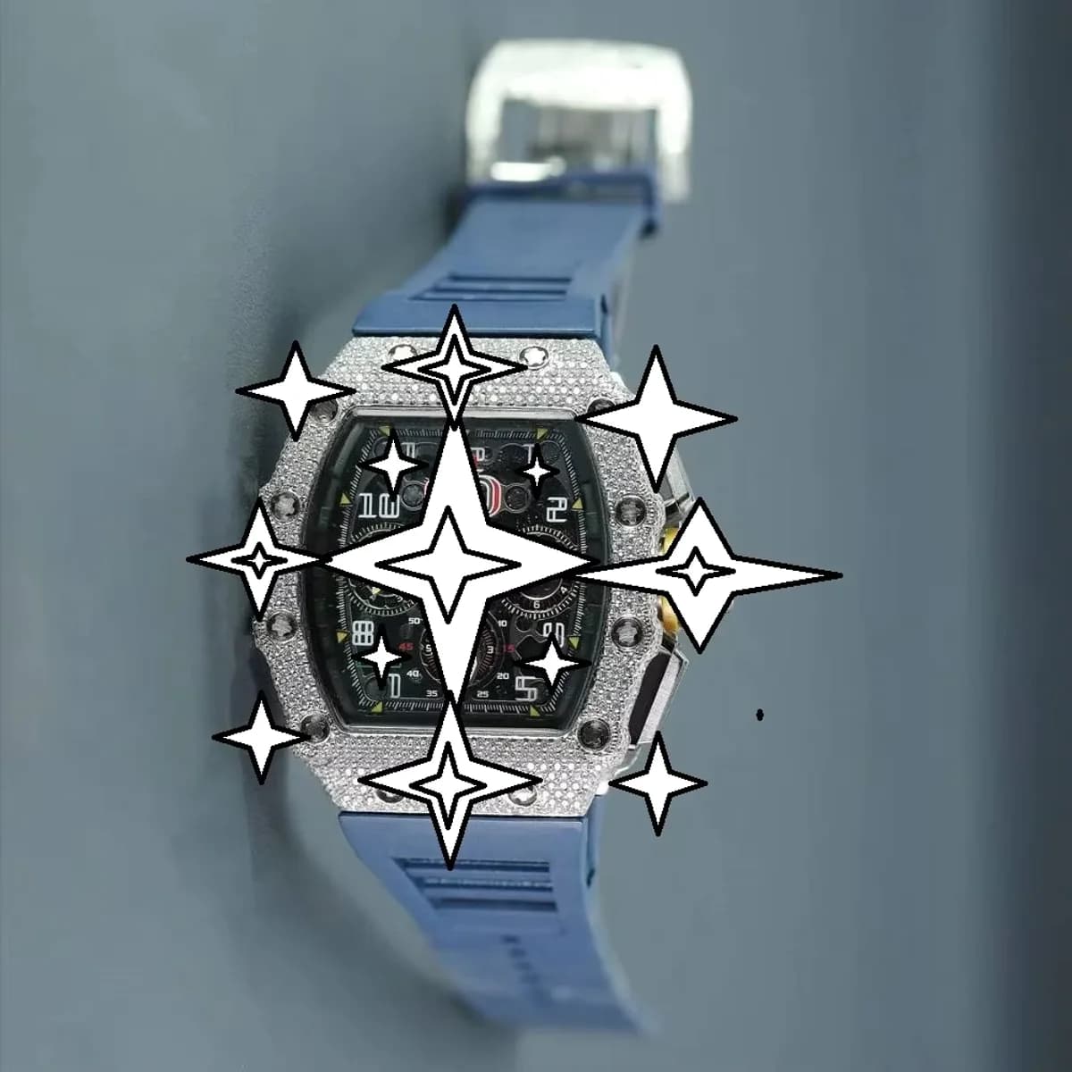 Men's stainless steel mechanical watch blue silicone band analog